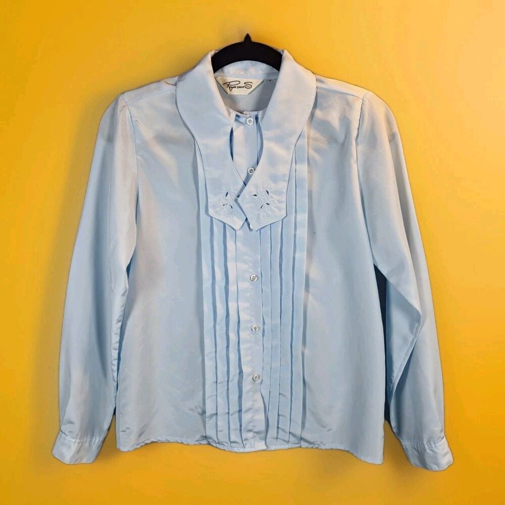 Vintage Womens Pleated Blouse Roger VanS Floral Neck Tie Sz S